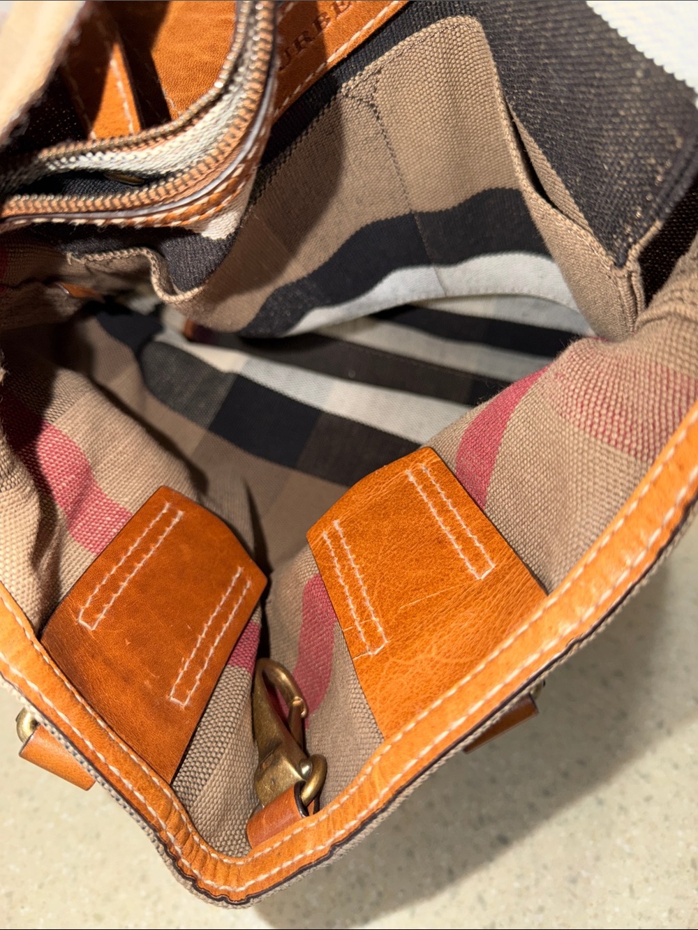 Burberry Beige Check Canvas Tote with Brown Leather Trim and Black/White Accents - Picture 6 of 12